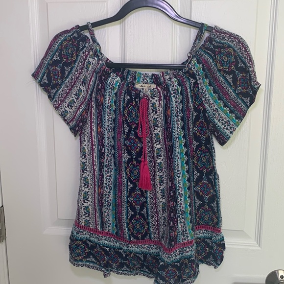 Bleuh Ciel Boho peasant top with tassel in a colorful print size small - Picture 1 of 8